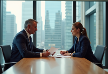 Fusions et acquisitions : comprendre leur fonctionnement et enjeux Deux professionnels en réunion échangeant des documents dans une salle moderne