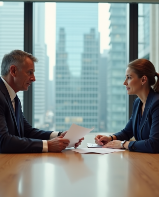 Fusions et acquisitions : comprendre leur fonctionnement et enjeux Deux professionnels en réunion échangeant des documents dans une salle moderne