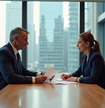 Fusions et acquisitions : comprendre leur fonctionnement et enjeux Deux professionnels en réunion échangeant des documents dans une salle moderne