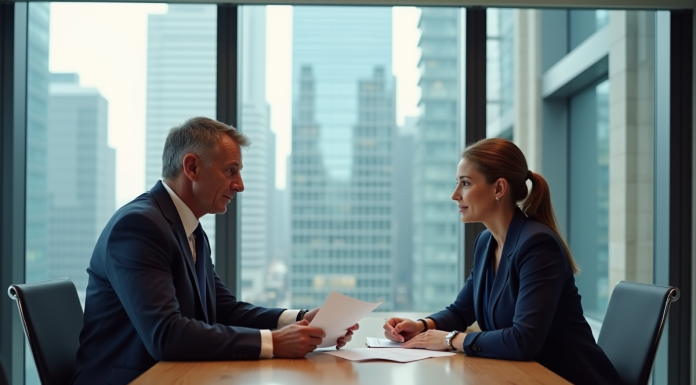 Fusions et acquisitions : comprendre leur fonctionnement et enjeux Deux professionnels en réunion échangeant des documents dans une salle moderne