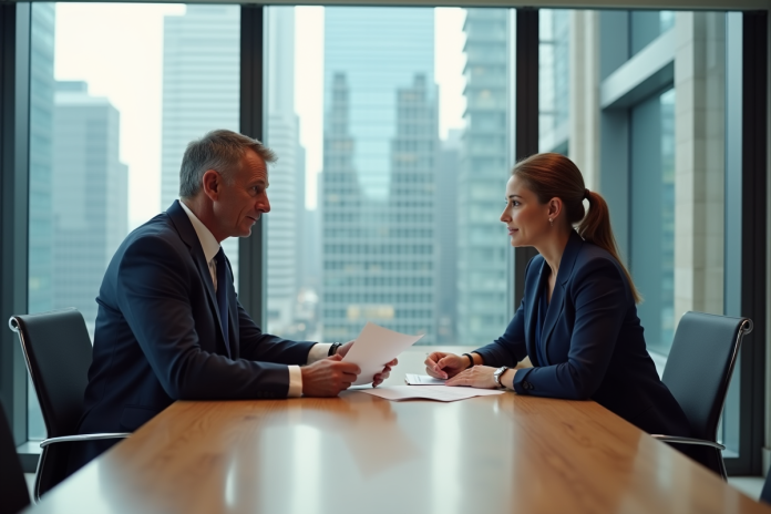 Deux professionnels en réunion échangeant des documents dans une salle moderne