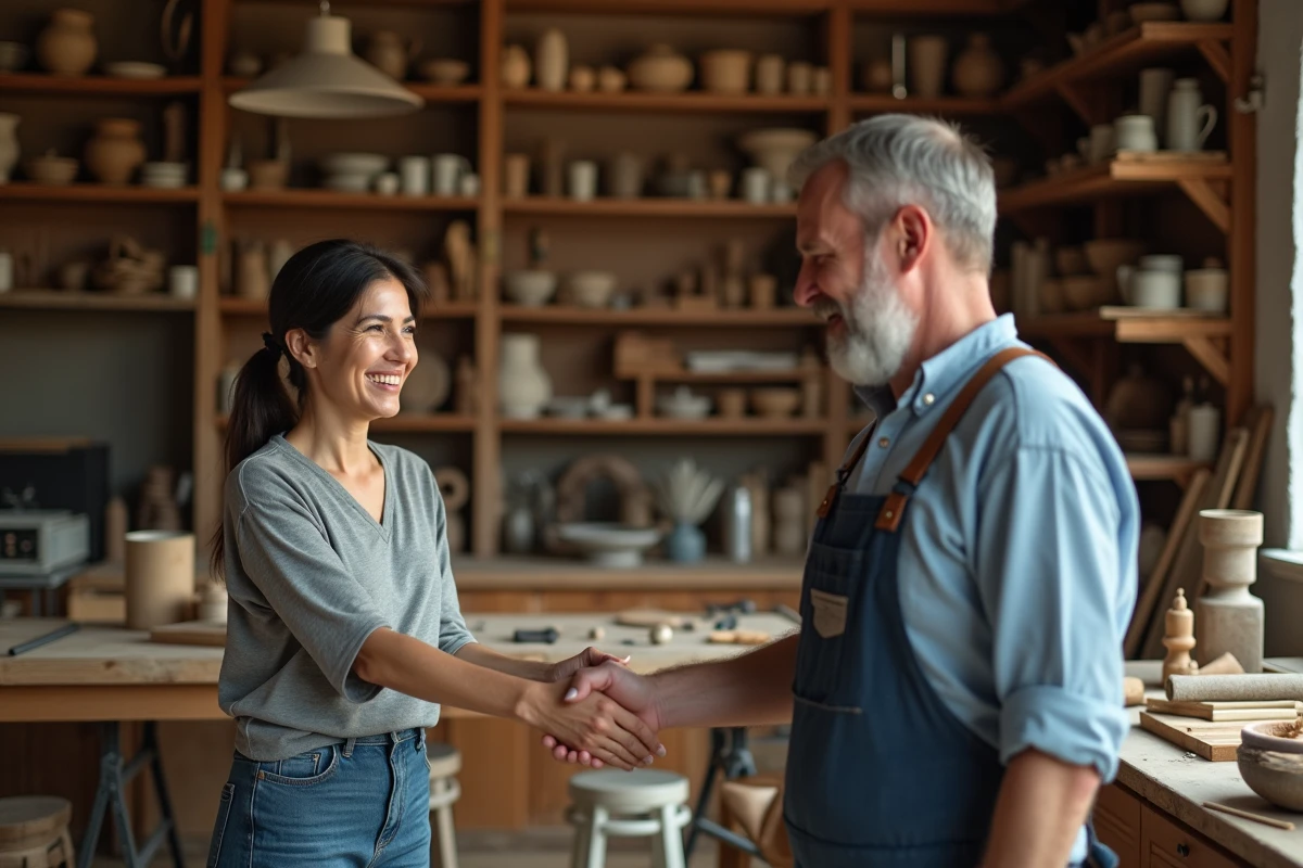 Femme offrant une poignée de main à un artisan dans son atelier