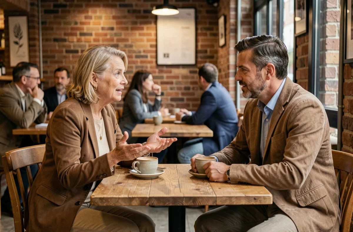 Deux anciens clients d'une agence immobilière échangeant leurs témoignages autour d'un café en ville