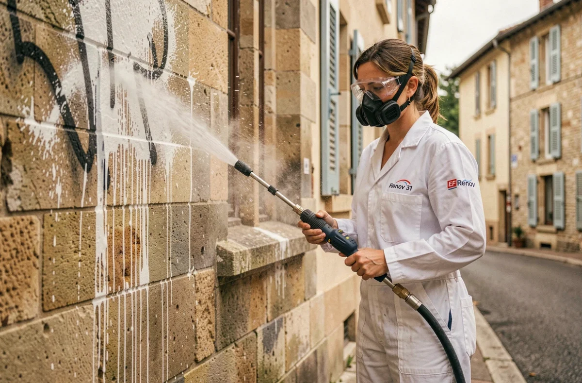 Agente EF Renov 31 nettoyant des graffitis sur une façade en pierre d'un bâtiment résidentiel en Haute-Garonne