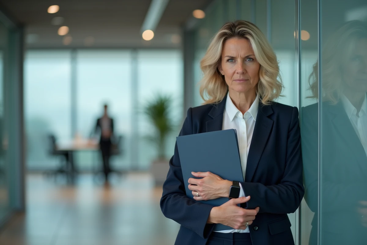 Cadre féminine vérifiant l'heure en fin de journée dans un couloir de bureau, illustrant les heures supplémentaires du contrat 39h