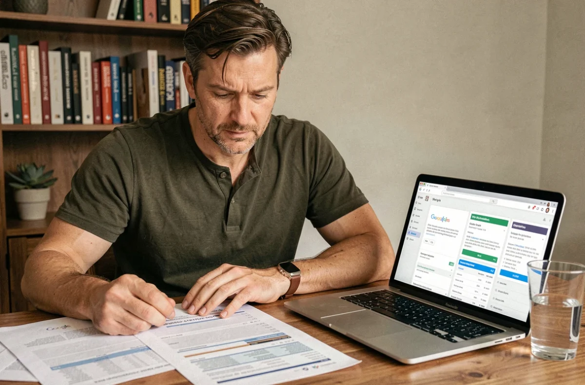 Entrepreneur indépendant examinant les résultats d'une campagne Pay Per Click sur ordinateur portable dans un bureau à domicile