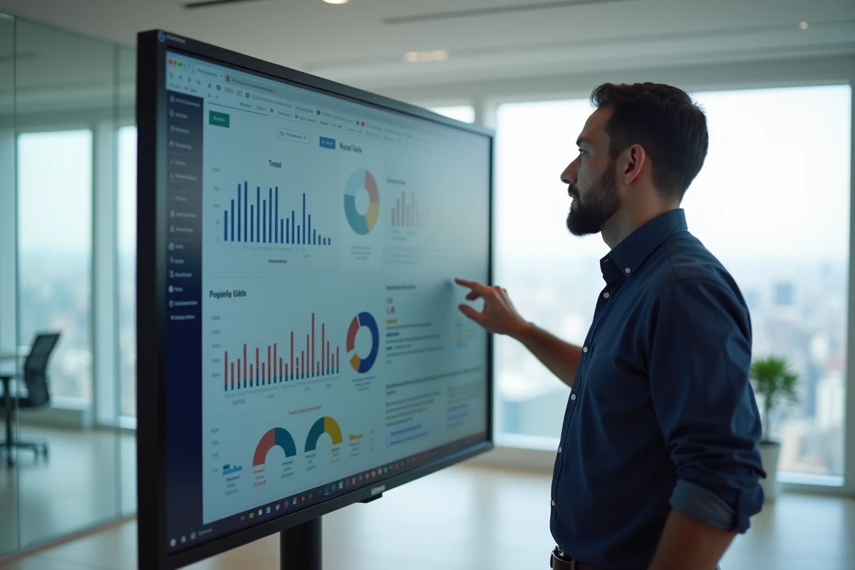 Jeune entrepreneur masculin présentant des ressources numériques entrepreneuriales sur un écran interactif dans un bureau moderne