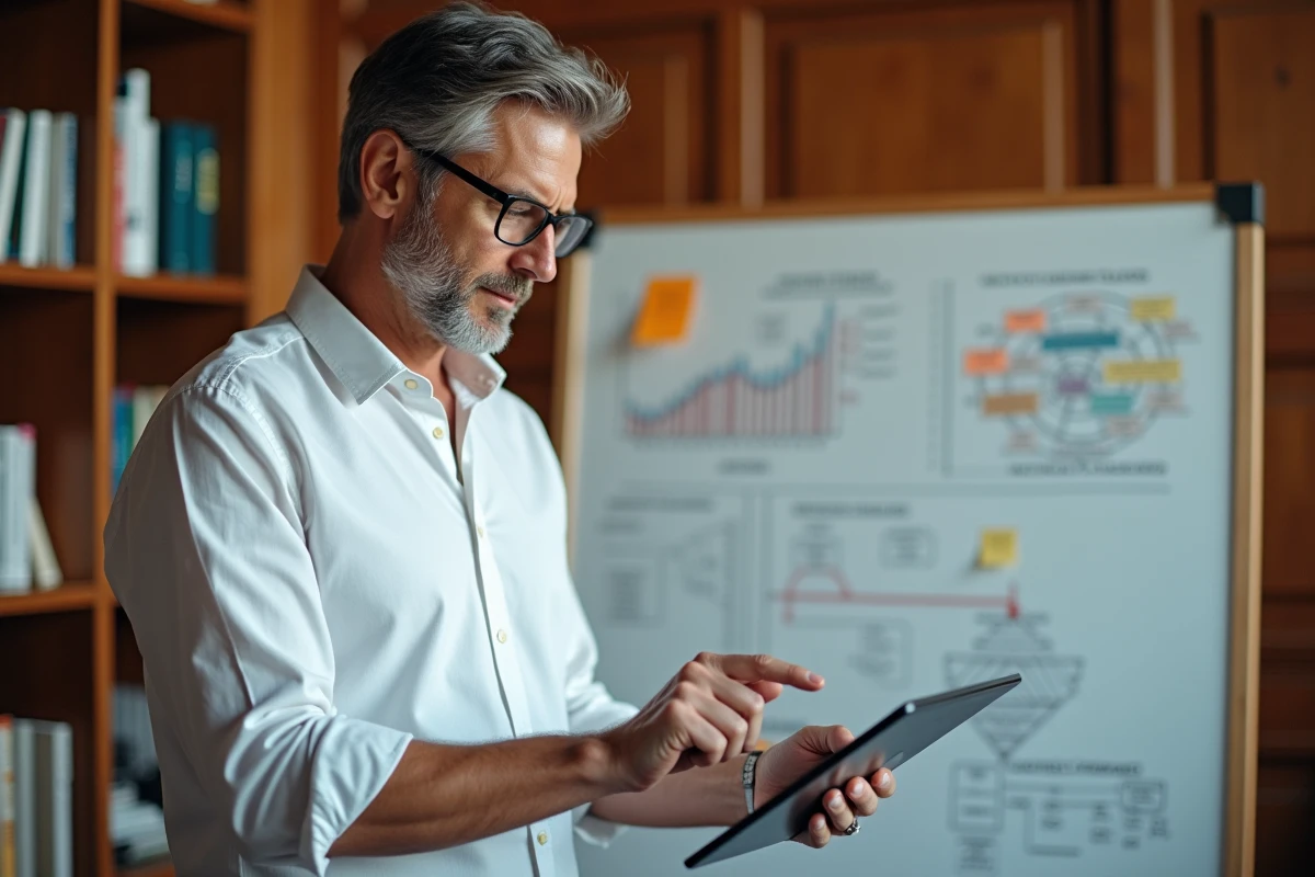Entrepreneur présentant une stratégie de croissance B2B digitale sur tableau blanc avec interface de marketplace en arrière-plan