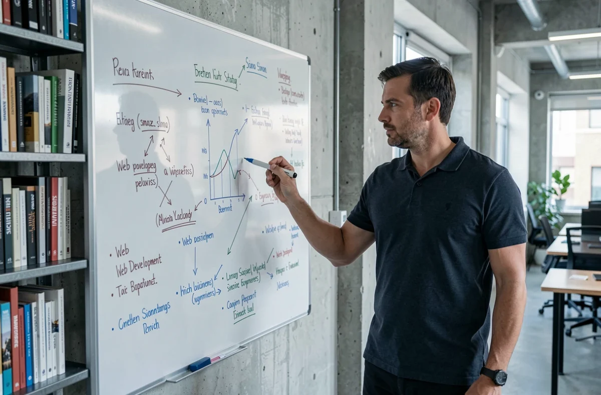 Entrepreneur présentant une stratégie de développement web et business sur tableau blanc dans un espace de coworking