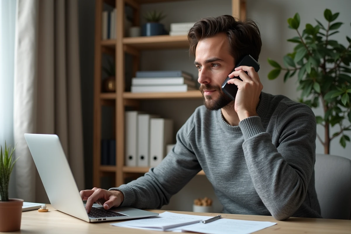 Entrepreneur en télétravail suivant un script d'appel B2B depuis son bureau à domicile avec CRM ouvert