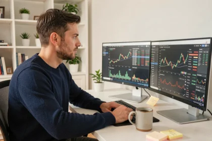 Entrepreneur assis à son bureau à domicile analysant des graphiques de trading de cryptomonnaies sur double écran