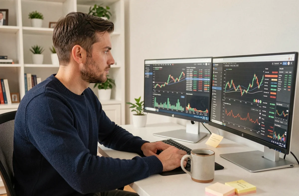 Entrepreneur assis à son bureau à domicile analysant des graphiques de trading de cryptomonnaies sur double écran