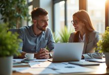Deux entrepreneurs au bureau lumineux en pleine collaboration