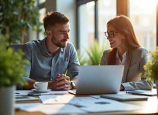 INPI et Legalstart simplifient les démarches pour les entrepreneurs Deux entrepreneurs au bureau lumineux en pleine collaboration