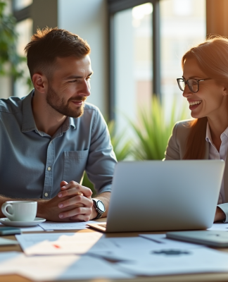 INPI et Legalstart : des solutions pour faciliter la vie des entrepreneurs Deux entrepreneurs au bureau lumineux en pleine collaboration