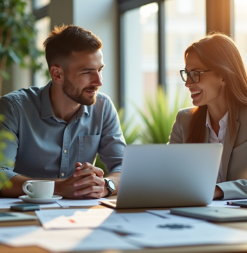 Deux entrepreneurs au bureau lumineux en pleine collaboration