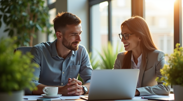 Deux entrepreneurs au bureau lumineux en pleine collaboration