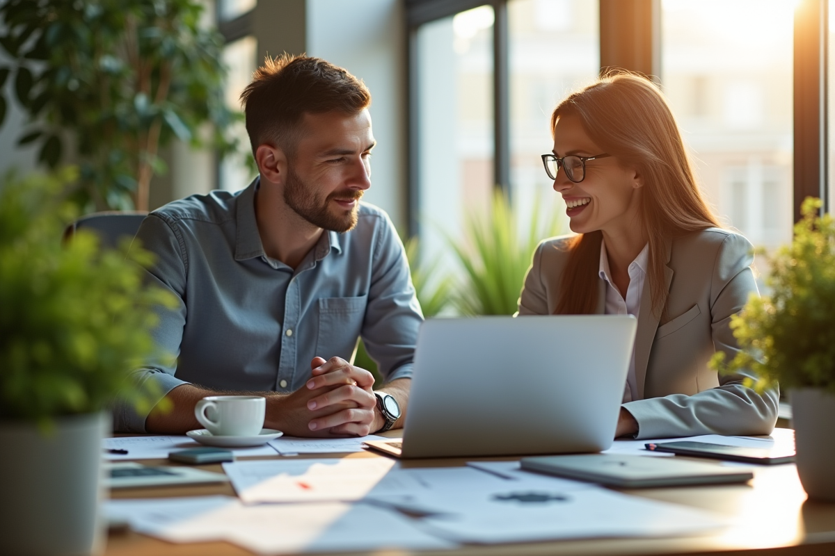 Deux entrepreneurs au bureau lumineux en pleine collaboration