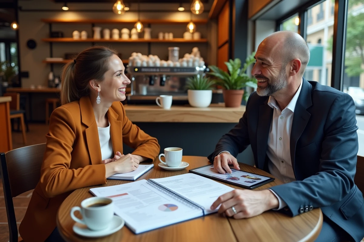 Deux entrepreneurs discutant d'une stratégie d'affaires autour d'un magazine digital entrepreneurial dans un café urbain