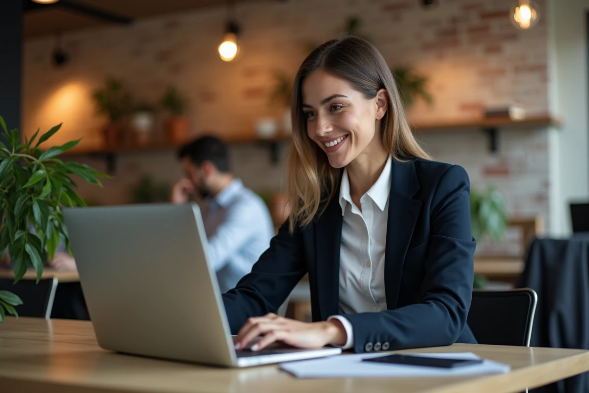 Jeune entrepreneuse consultant un mentor digital sur son ordinateur portable dans un espace de coworking moderne