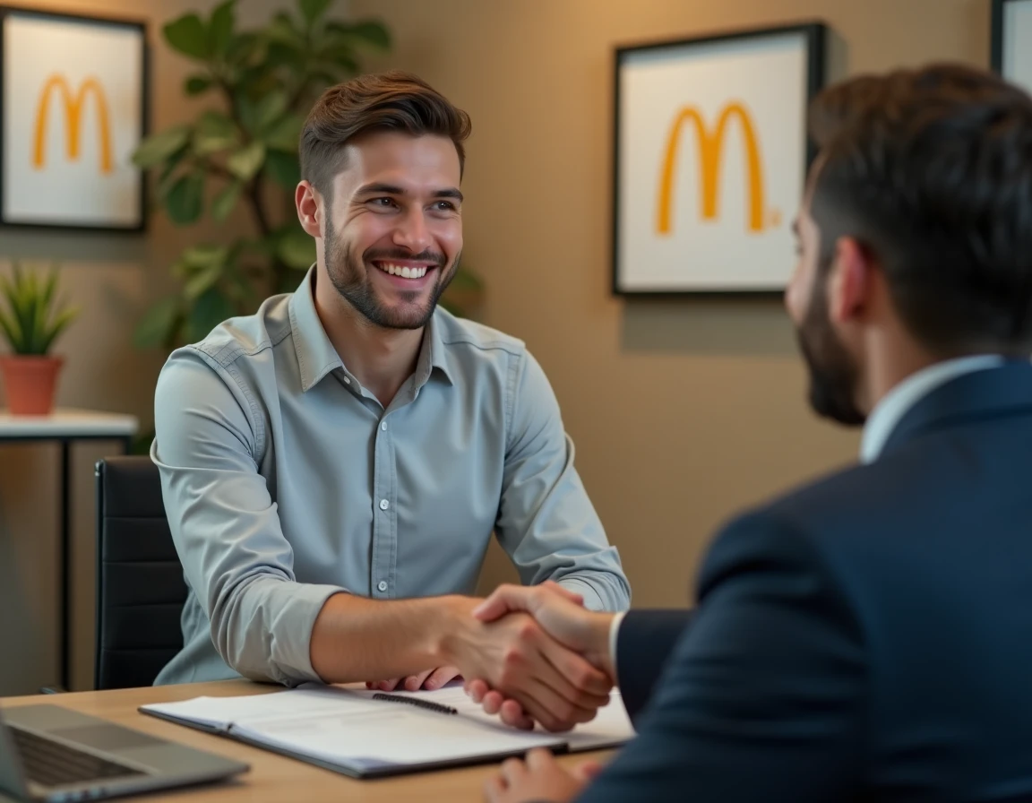 Jeune candidat diplômé en entretien pour un poste de directeur McDonald's dans un bureau de recrutement corporate