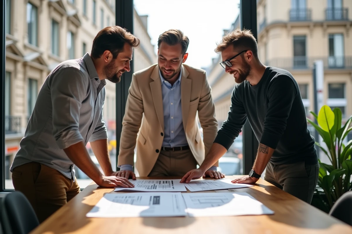 Équipe d'une agence digitale à Montpellier en réunion stratégique autour d'un document de conception web dans un espace de coworking moderne