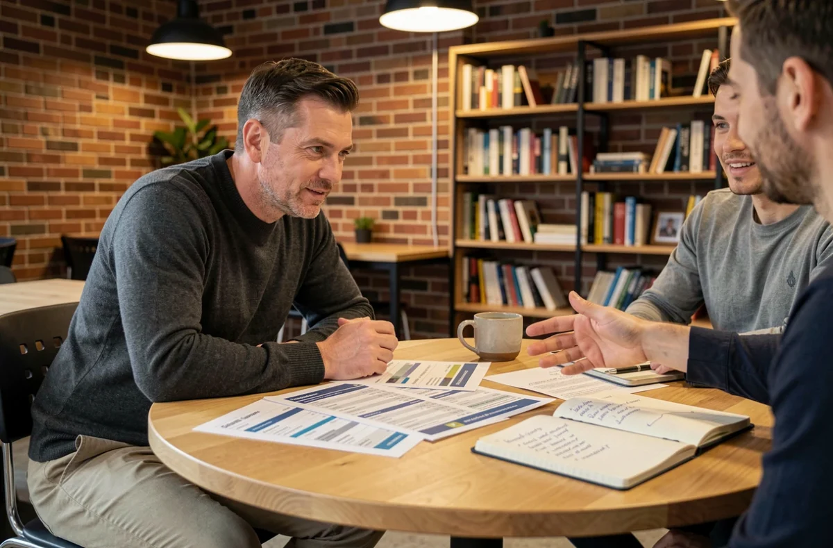 Équipe en réunion analysant des données clients pour construire un ICP actionnable en espace de coworking