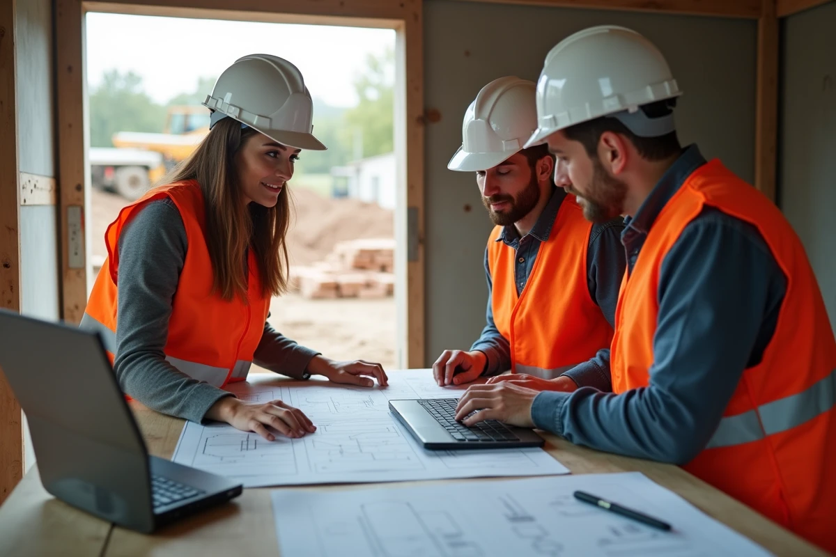Deux ouvriers BTP consultant des plans et un logiciel de gestion de chantier dans un bureau de site temporaire