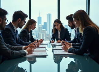 Menace d’entrée : quel scénario privilégier pour une concurrence renforcée ? Groupe de professionnels en réunion dans un bureau moderne