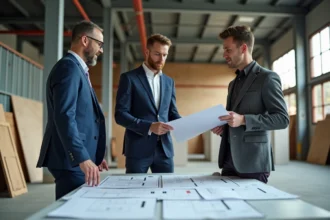 Trois professionnels discutant plans d'aménagement dans un entrepôt moderne