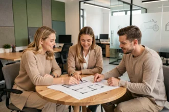 Petite équipe de trois professionnels qui évalue l'espace nécessaire dans un espace de coworking moderne