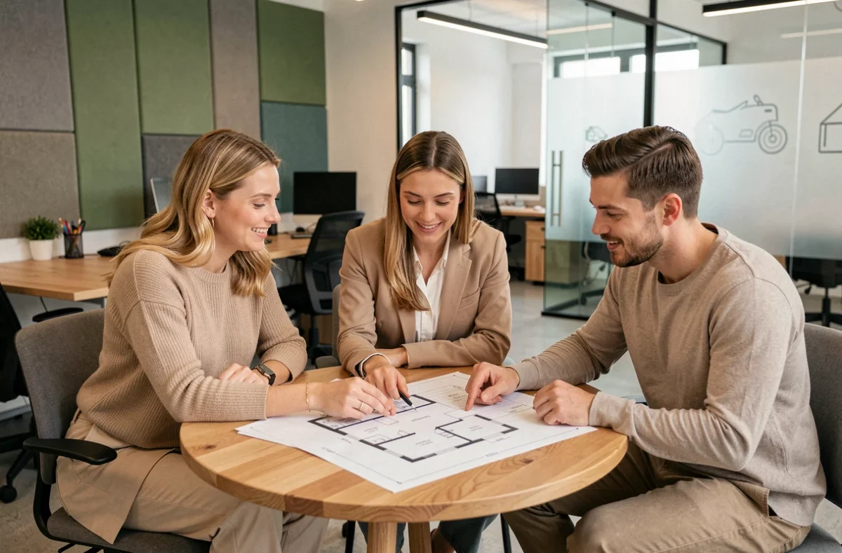Petite équipe de trois professionnels qui évalue l'espace nécessaire dans un espace de coworking moderne