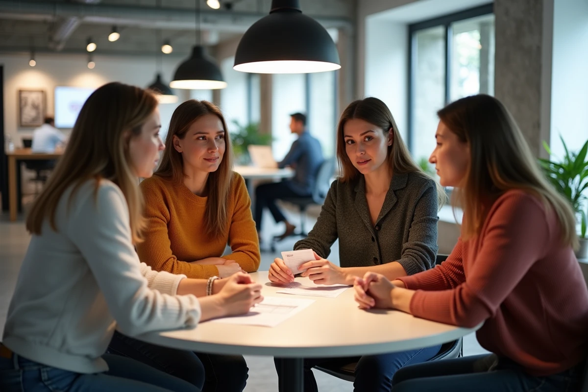 Équipe marketing réunie autour d'un audit d'agence lors d'une réunion stratégique en espace de coworking, dans le contexte de la remise en question des pratiques des agences après l'affaire Rezoactif