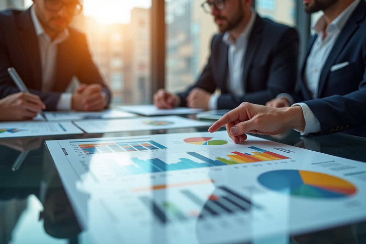 Equipe marketing discute infographie dans un bureau lumineux