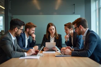 Groupe de professionnels en réunion dans un bureau moderne