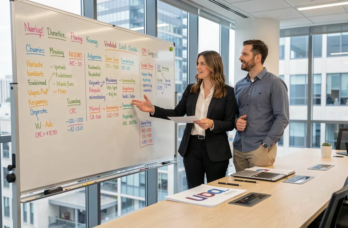 Équipe marketing discutant d'une stratégie de sélection de mots-clés Pay Per Click devant un tableau blanc dans une salle de réunion d'agence créative