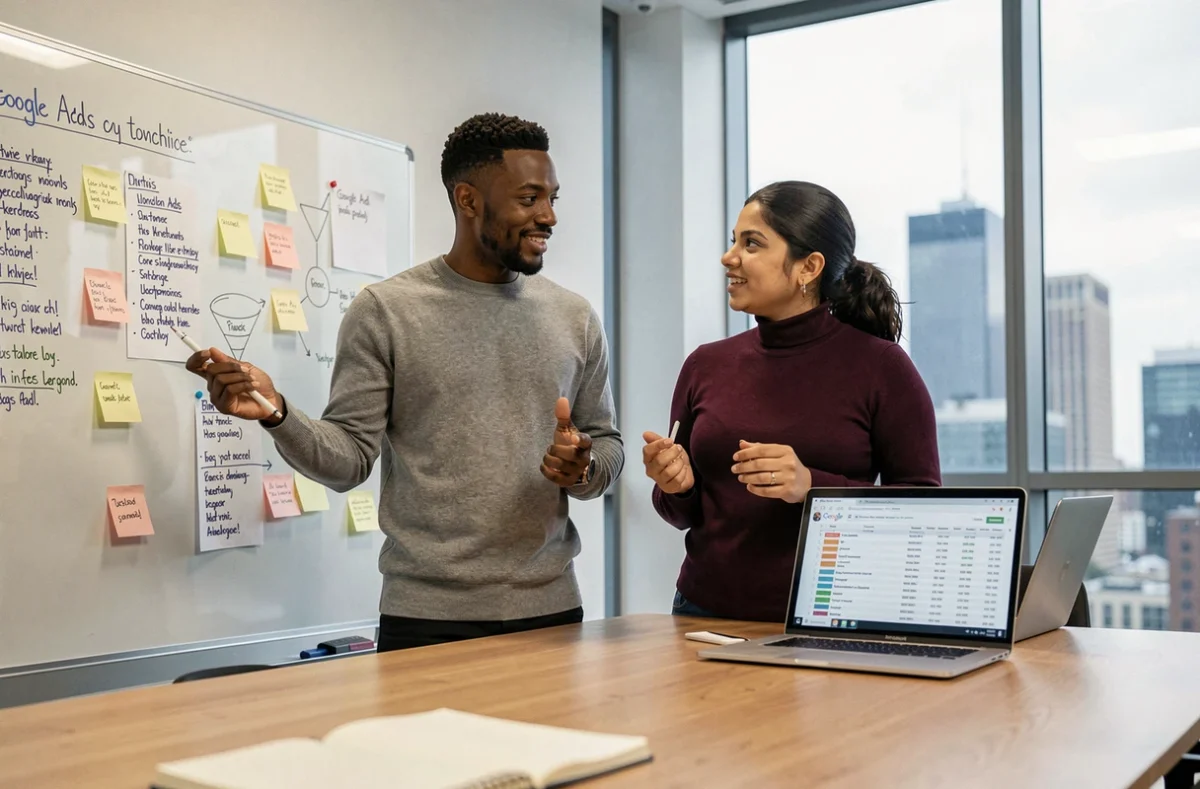 Équipe marketing collaborant sur la stratégie d'une campagne publicitaire Pay Per Click dans une agence moderne