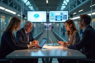 Groupe de managers autour d'une table en réunion avec tablettes