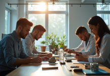 Trois personnes dans un espace lumineux en innovation