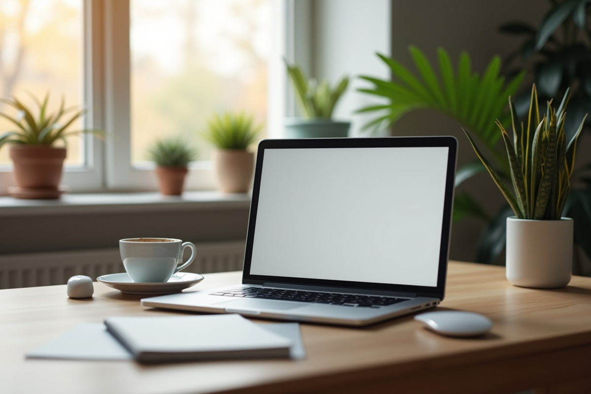 Espace de travail à domicile avec ordinateur et tasse de thé