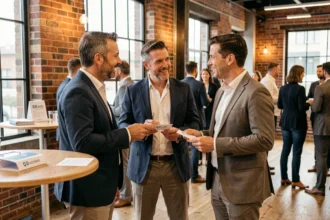 Professionnels échangeant des cartes de visite lors d'un événement de networking B2B dans un espace de coworking moderne