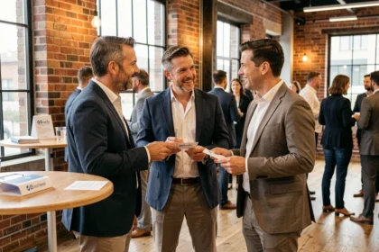 Professionnels échangeant des cartes de visite lors d'un événement de networking B2B dans un espace de coworking moderne