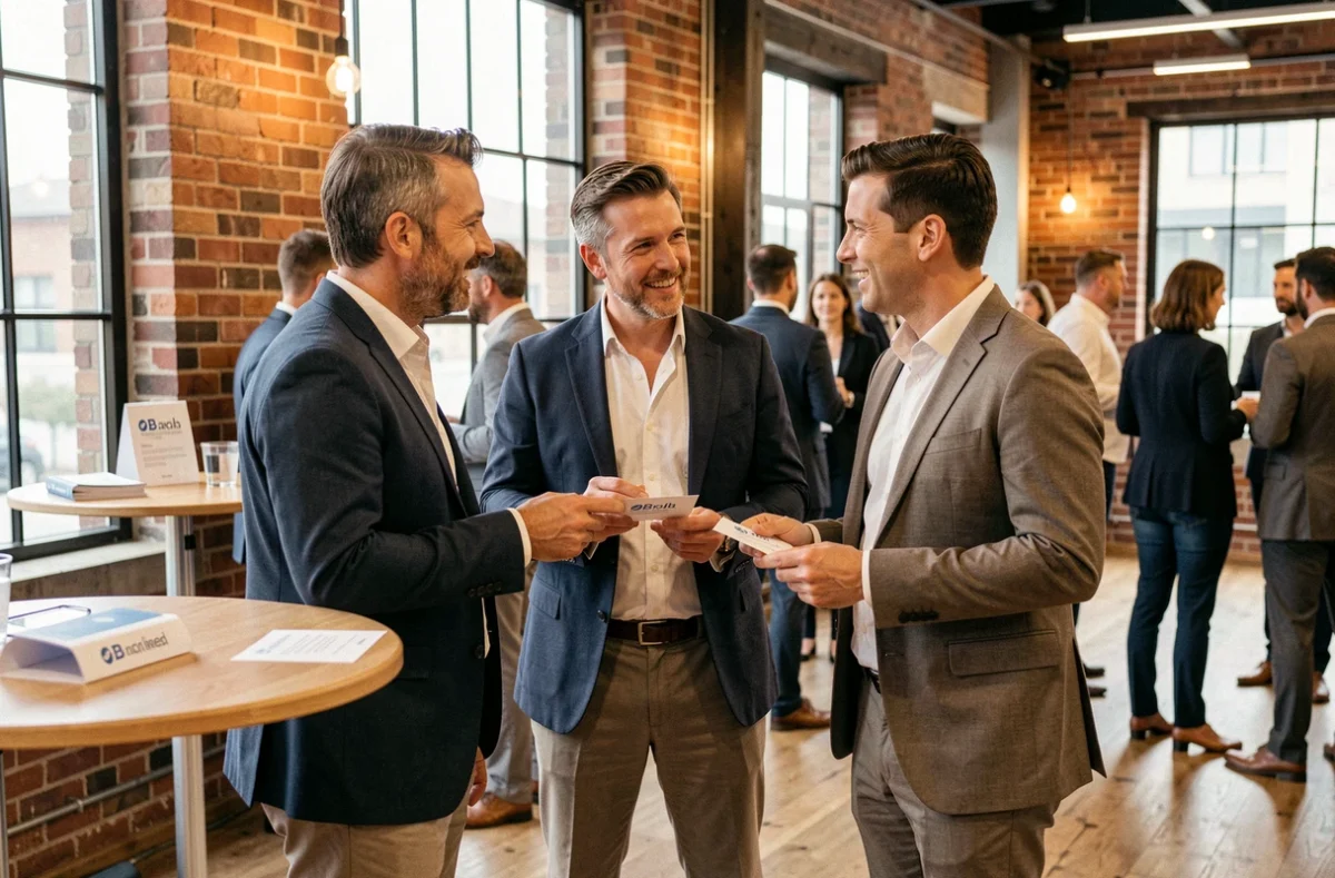 Professionnels échangeant des cartes de visite lors d'un événement de networking B2B dans un espace de coworking moderne