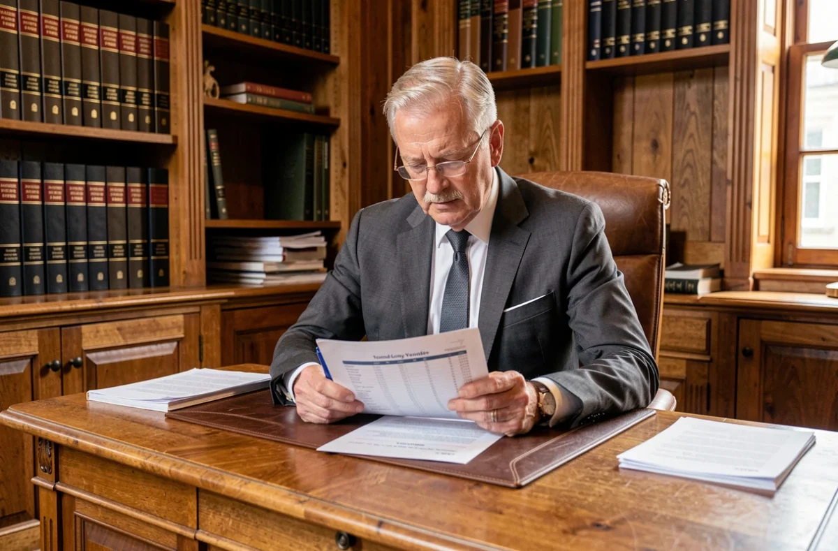 Expert-comptable senior d'Expertise et Conseil Vendée (ECV) analysant un rapport financier dans un bureau traditionnel