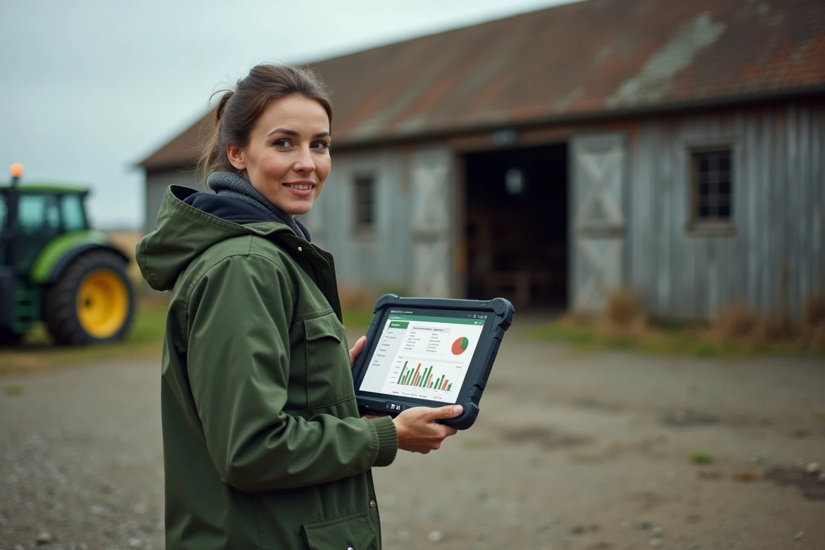 Exploitante agricole consultant Terciel mon compte sur tablette dans la cour de sa ferme
