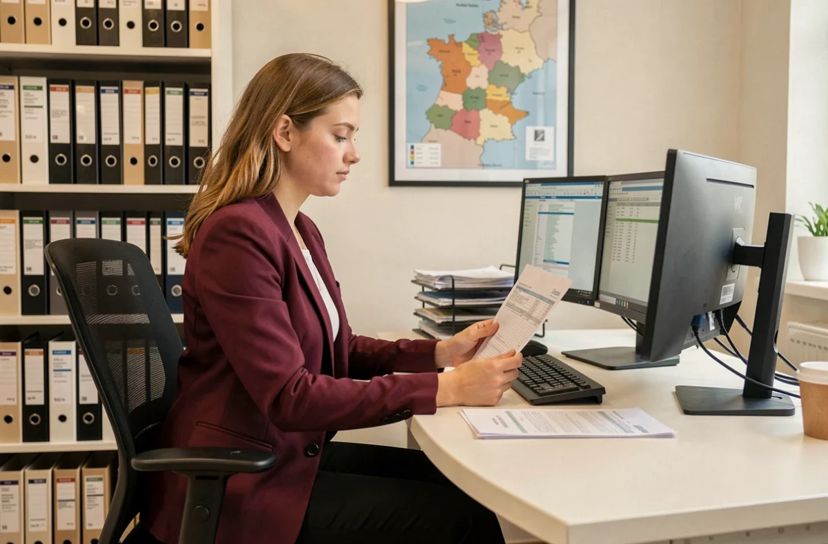 Comptable du cabinet Exponens à Challans travaillant sur des déclarations fiscales dans son bureau régional