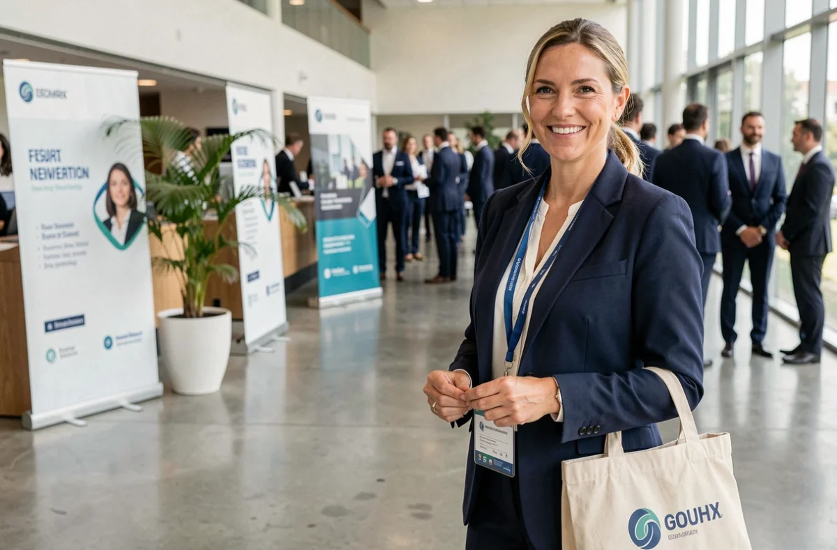 Femme d'affaires souriante récupérant son badge à l'accueil d'un événement professionnel de réseautage B2B gratuit