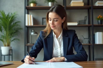 Femme d affaires en bureau avec plan d entreprise