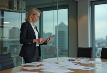 Responsabilité problèmes conformité : qui est responsable ? Femme d'affaires attentive avec un classeur dans un bureau moderne