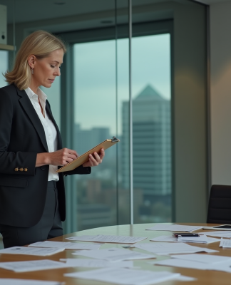 Responsabilité problèmes conformité : qui est responsable ? Femme d'affaires attentive avec un classeur dans un bureau moderne